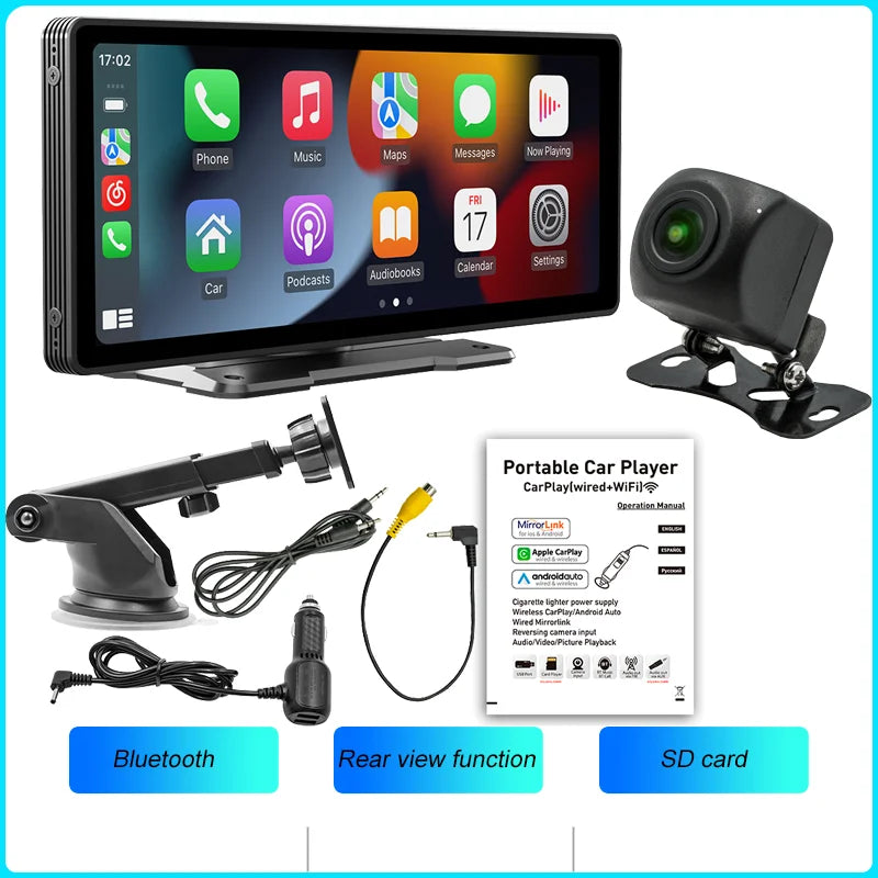 BQCC 10.26” Wireless CarPlay Screen – Portable Car Display with Rear Camera & Android Auto