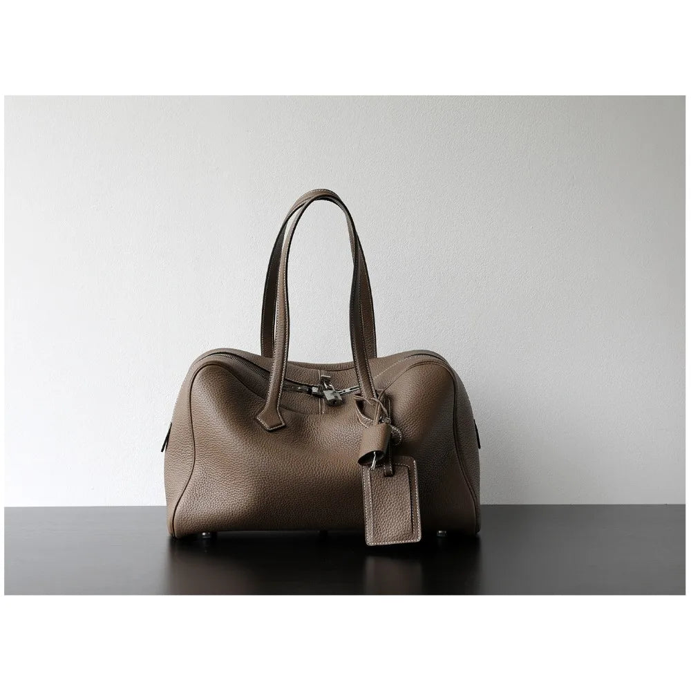 Premium Cowhide Boston Bag – Genuine Leather Large Capacity Women’s Bowling & Messenger Bag