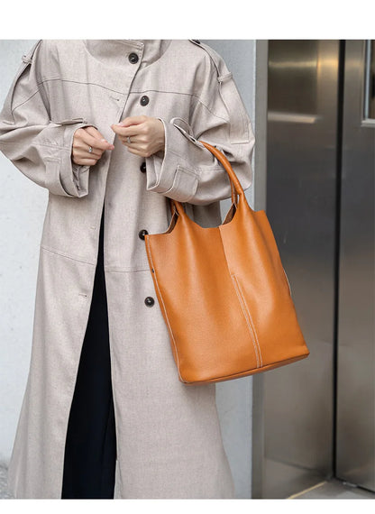 Genuine Leather Bucket Tote Bag – Luxury Cowhide Shoulder Shopper for Women