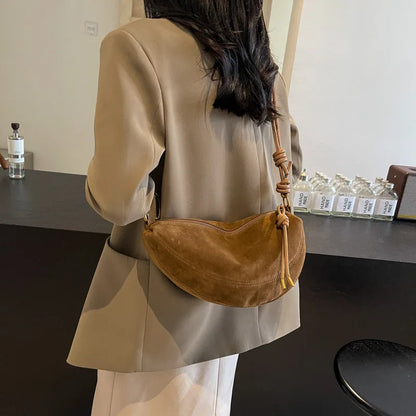 Faux Suede Women’s Shoulder Bag – Trendy Underarm Crossbody Dumpling Style Handbag