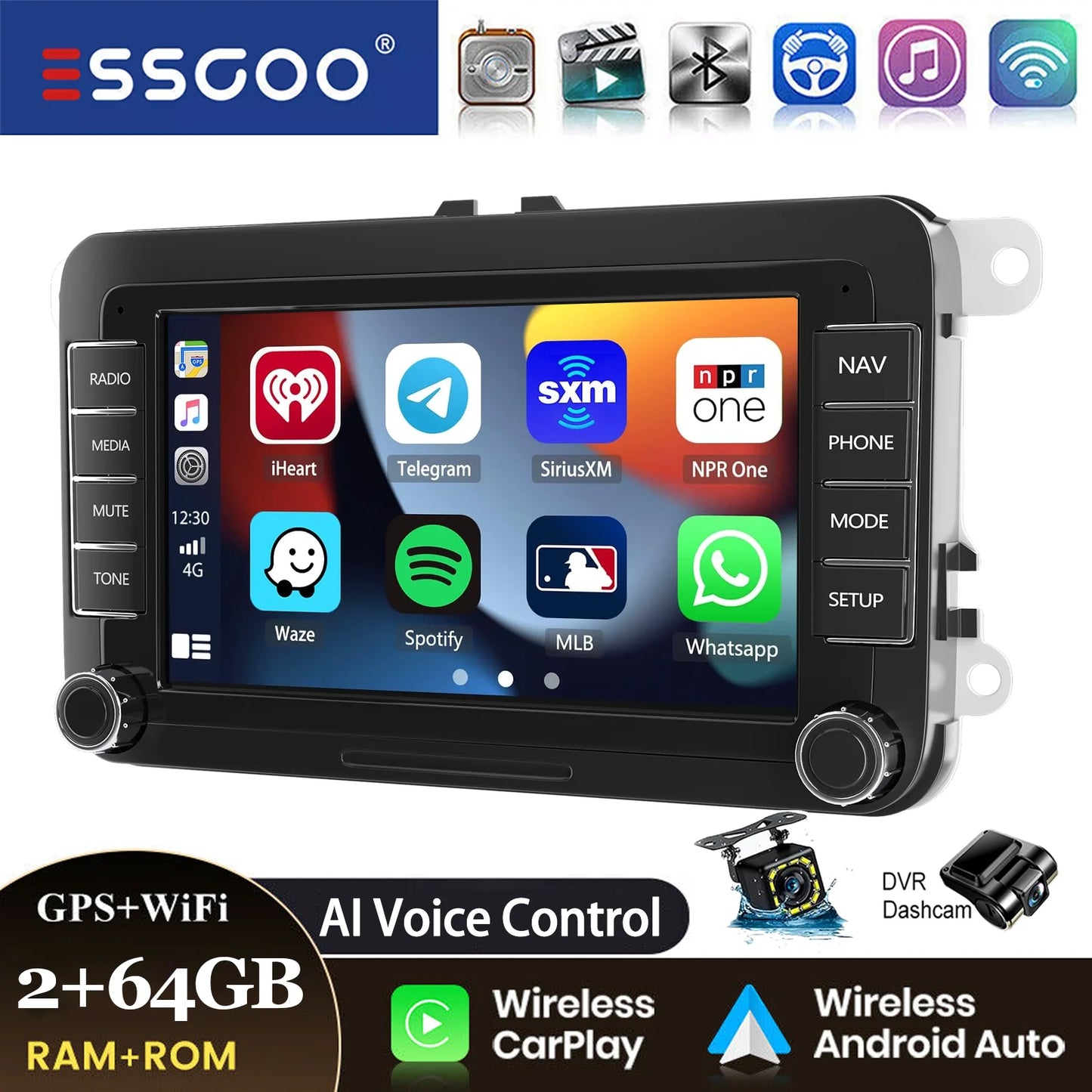 ESSGOO 7" Android14 Carplay Car Stereo GPS NAV RDS FM BT for VW Golf 5 6 Passat Polo 6R Touran Tiguan Caddy EOS Jetta Seat Skoda