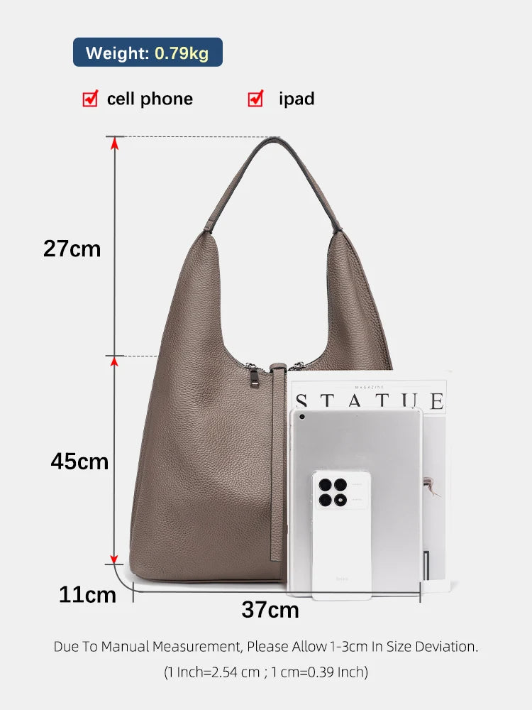 Zency Genuine Leather Hobo Bag – Large Capacity Cowhide Shoulder Tote for Women