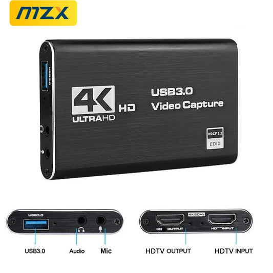 Karta e Kapjes së Videos MZX Box 4K HDMI-Compatible 60Hz 30Hz USB 3.0 1080P 60fps 30fps Regjistrues i Drejtpërdrejtë Grabber Capturer Lojë Audio Mikrofon