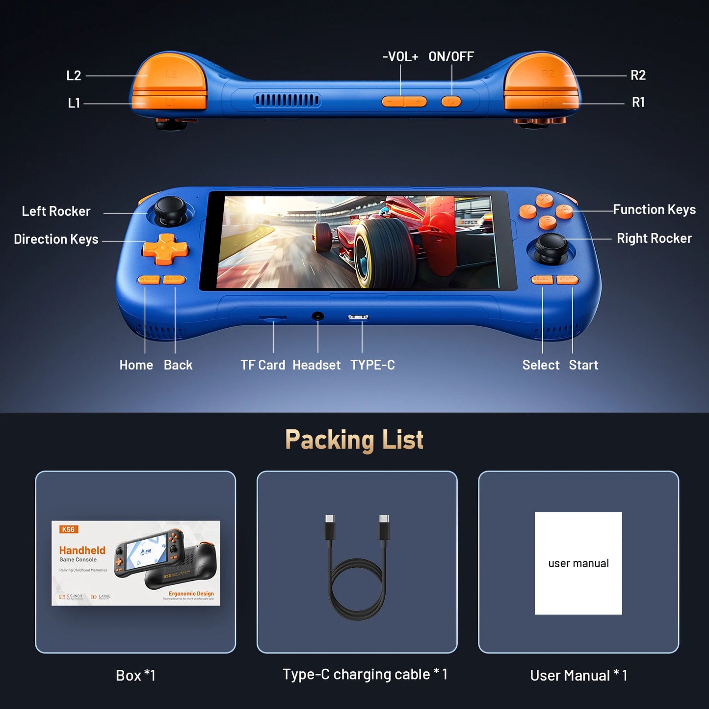 Kinhank K56 Portable Gaming Console – 5.5" Screen, Android 14, 50+ Emulators
