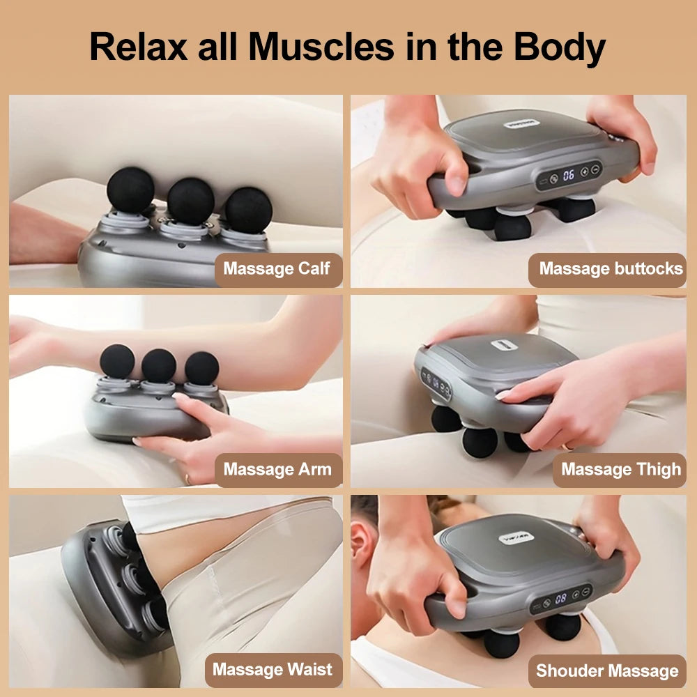 Six-Heads High Frequency Fascia Gun for Back Waist Shoulder Muscle Relaxation and Fitness Massage Gun 9 Modes Full Body Massager