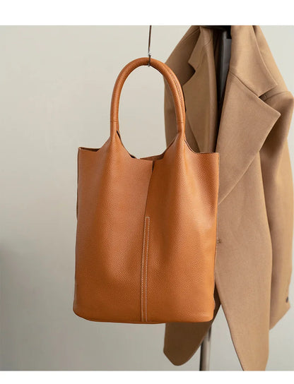 Genuine Leather Bucket Tote Bag – Luxury Cowhide Shoulder Shopper for Women