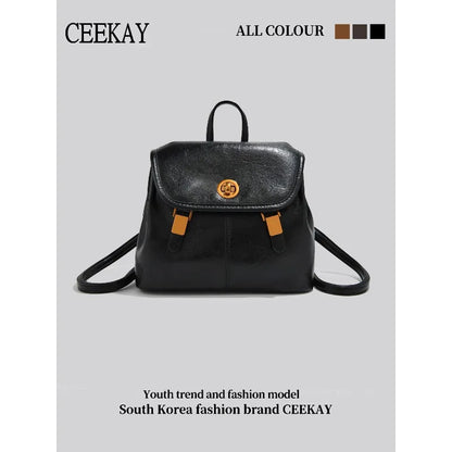 CEEKAY Korean Style Leather Women’s Backpack – Retro Travel & School Bag with Turn Lock Design