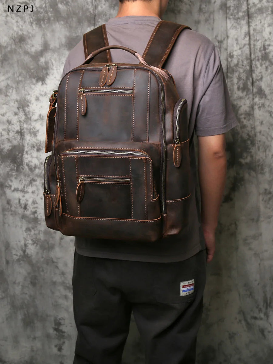 NZPJ Retro Genuine Leather Men's Backpack Top Layer Cowhide Backpack  Fashion Men's Bag Crazy Horse Skin Travel Computer Bag