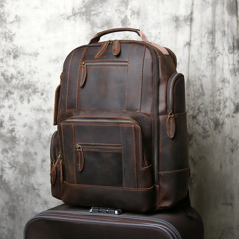 NZPJ Retro Genuine Leather Men's Backpack Top Layer Cowhide Backpack  Fashion Men's Bag Crazy Horse Skin Travel Computer Bag