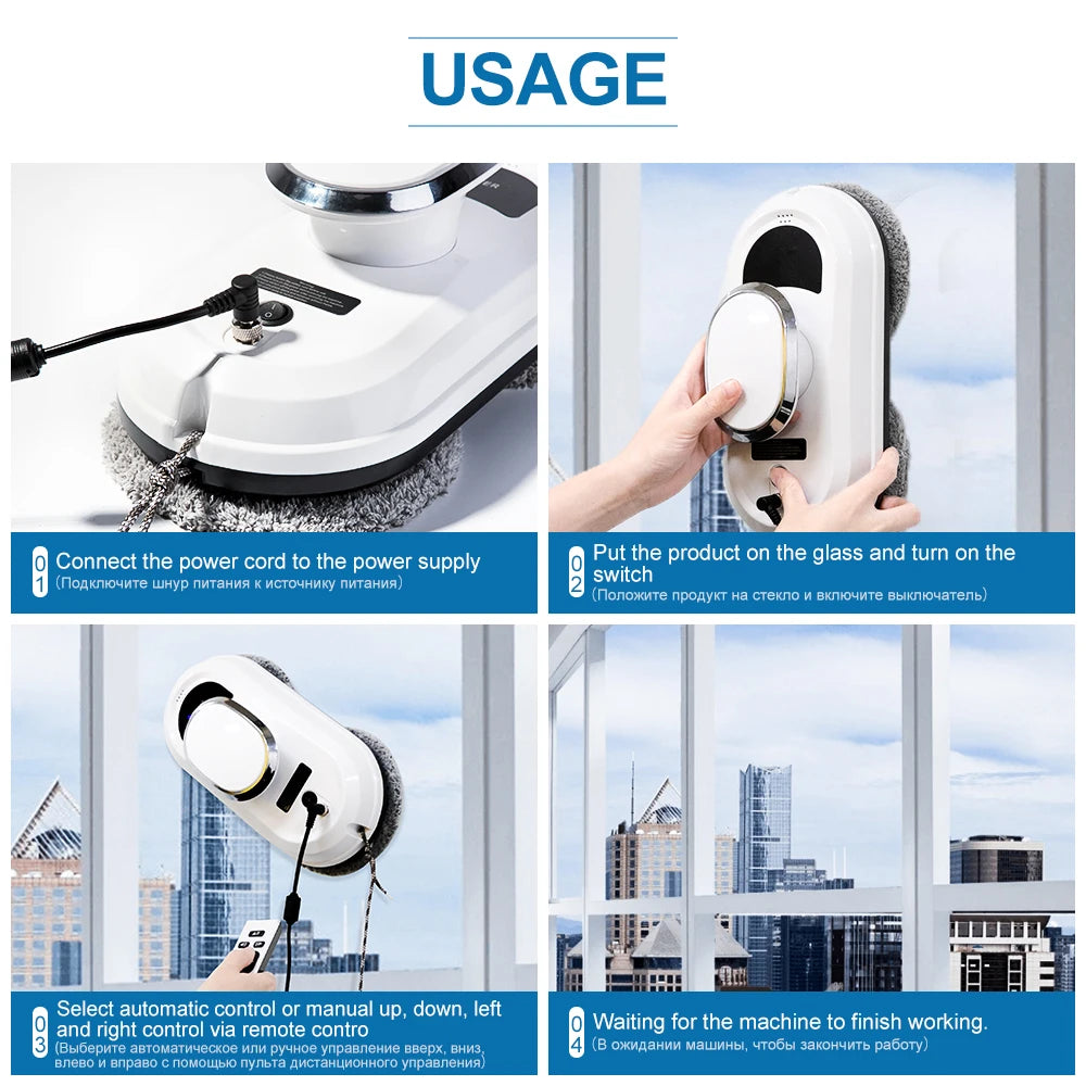 Automatic Window Cleaning Robot with Auto Spray & Safety Rope - Smart Glass Cleaner for Home Use with Remote Control
