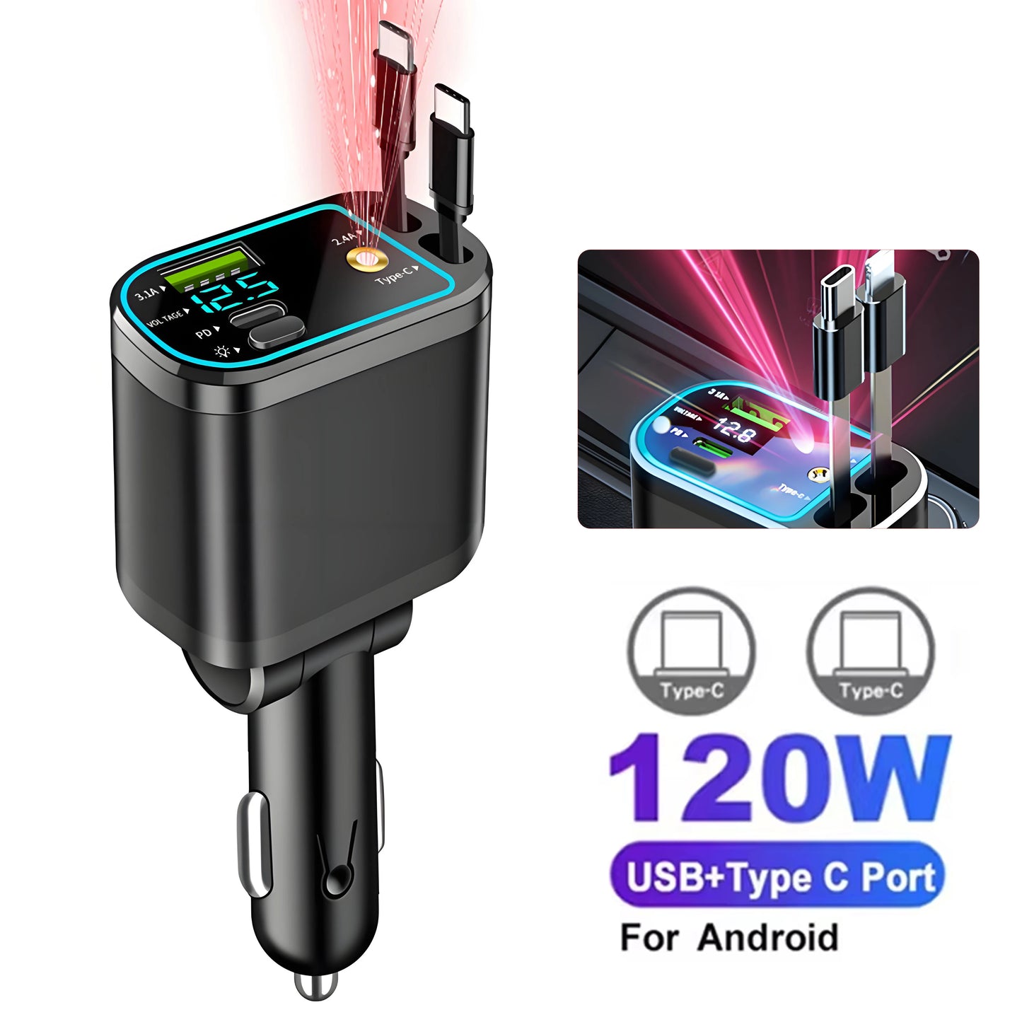 50W Car Charger PD30W – Fast Charging Cigarette Lighter Adapter with Voltage Display