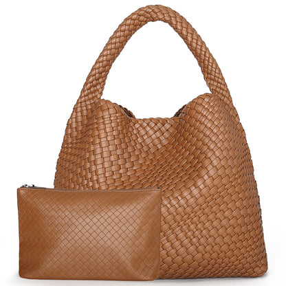 Woven Tote Bag for Women – Large Soft Leather Shoulder Bag with Purse