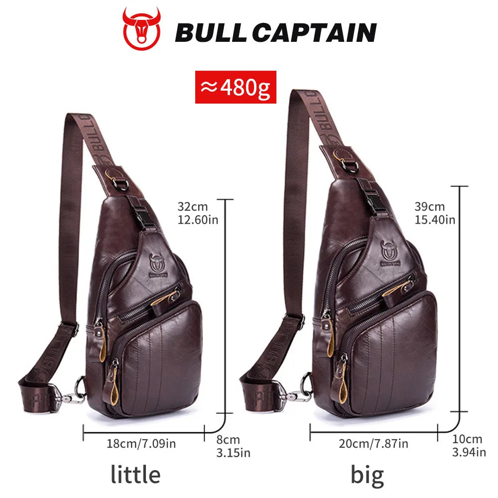 BULLCAPTAIN Genuine Leather Men’s Chest Bag – Large Capacity Casual Crossbody Sling Bag
