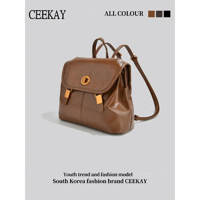 CEEKAY Korean Style Leather Women’s Backpack – Retro Travel & School Bag with Turn Lock Design