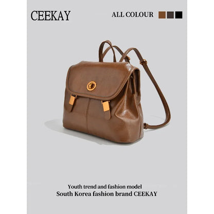 CEEKAY Korean Style Leather Women’s Backpack – Retro Travel & School Bag with Turn Lock Design