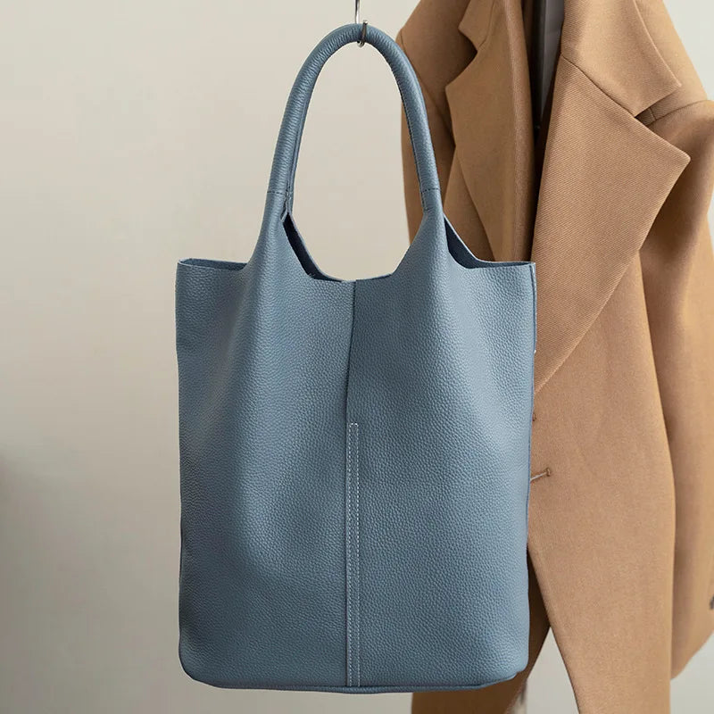 Genuine Leather Bucket Tote Bag – Luxury Cowhide Shoulder Shopper for Women