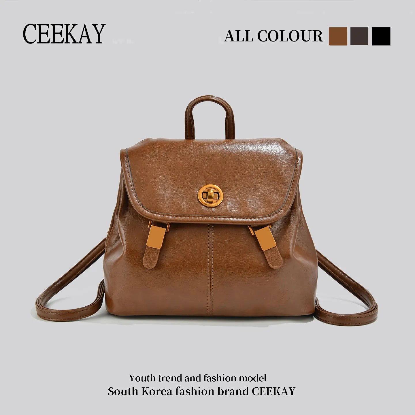 CEEKAY Korean Style Leather Women’s Backpack – Retro Travel & School Bag with Turn Lock Design