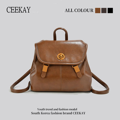 CEEKAY Korean Style Leather Women’s Backpack – Retro Travel & School Bag with Turn Lock Design