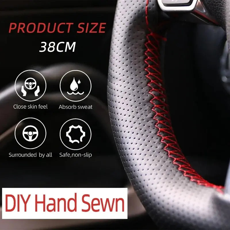 Universal Steering Wheel Cover 38cm (14”) – DIY Stitch-On Leather Wrap Anti-Slip
