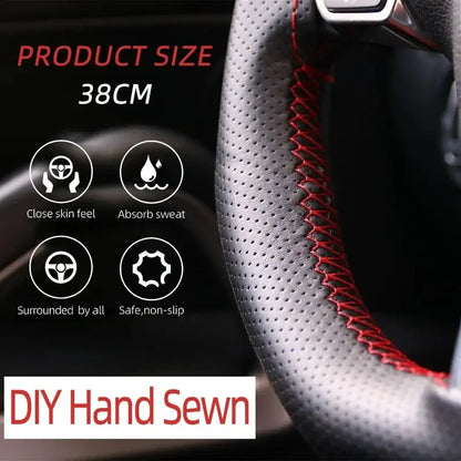 Universal Steering Wheel Cover 38cm (14”) – DIY Stitch-On Leather Wrap Anti-Slip