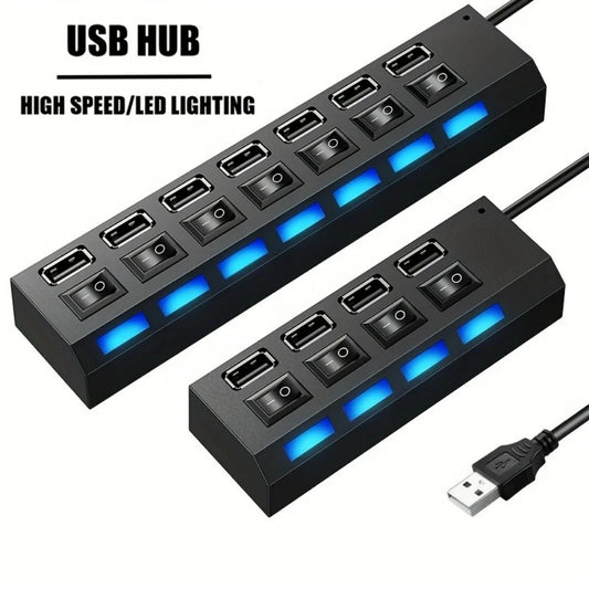 7-Port USB Hub – Multiport Splitter with LED & Individual Switches for Laptop/PC