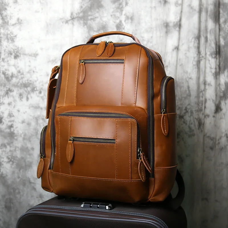 NZPJ Retro Genuine Leather Men's Backpack Top Layer Cowhide Backpack  Fashion Men's Bag Crazy Horse Skin Travel Computer Bag