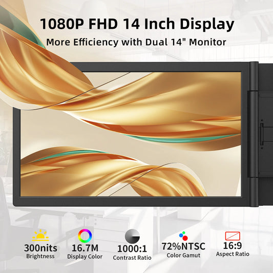 Amoudo 14” Dual Portable Monitor – FHD 1080P IPS Triple Screen for Laptops (USB-C)