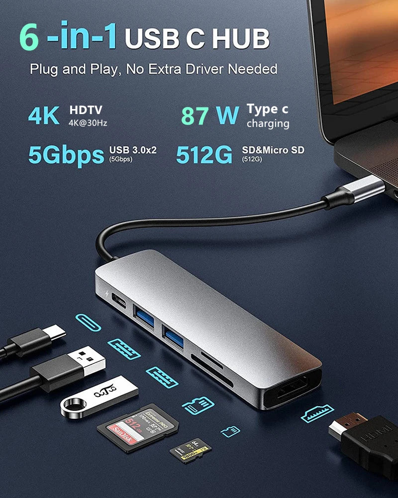 USB-C Hub Adapter – 4K HDMI, SD/TF Card Reader, USB 3.0 & Charging Dock for MacBook & Devices