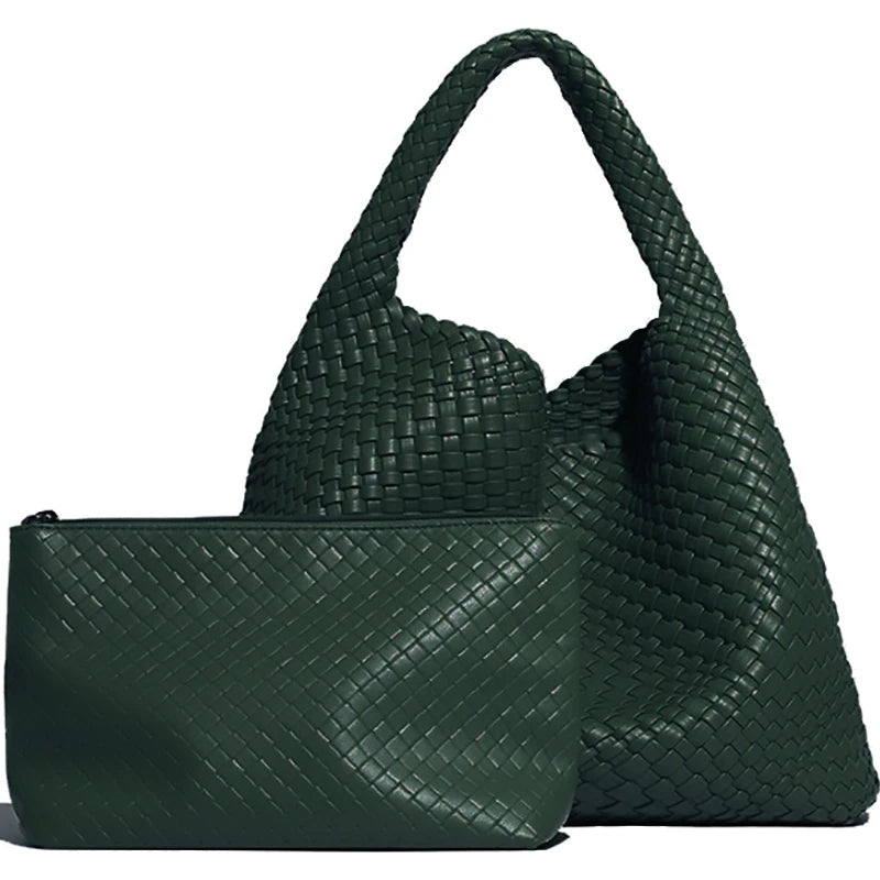 Woven Tote Bag for Women – Large Soft Leather Shoulder Bag with Purse