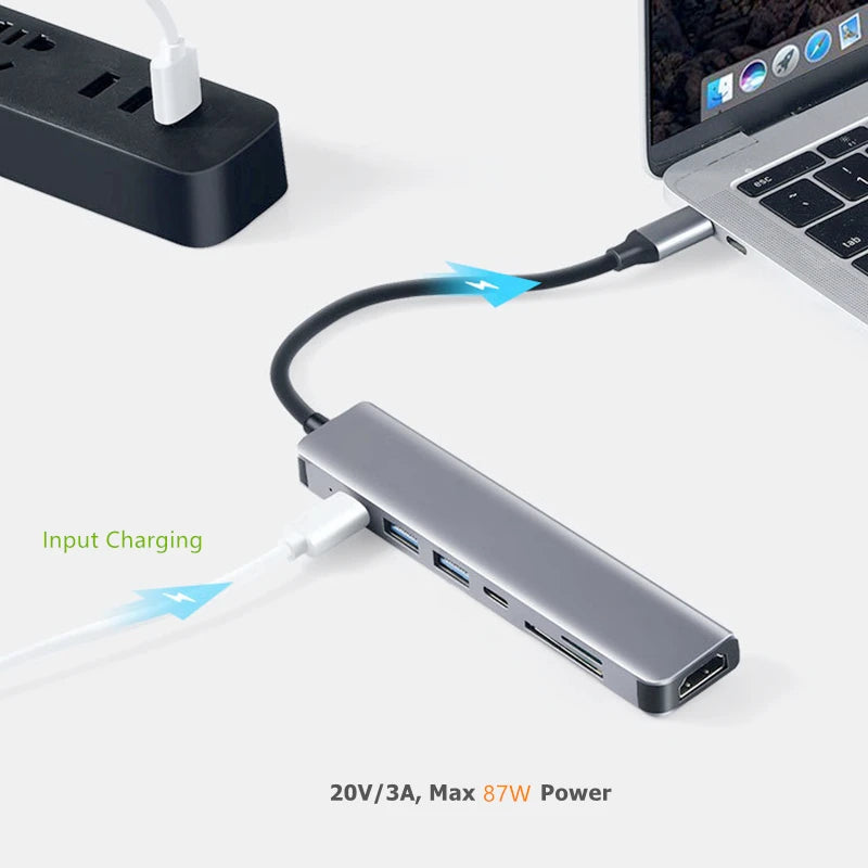 USB-C Hub Adapter – 4K HDMI, SD/TF Card Reader, USB 3.0 & Charging Dock for MacBook & Devices
