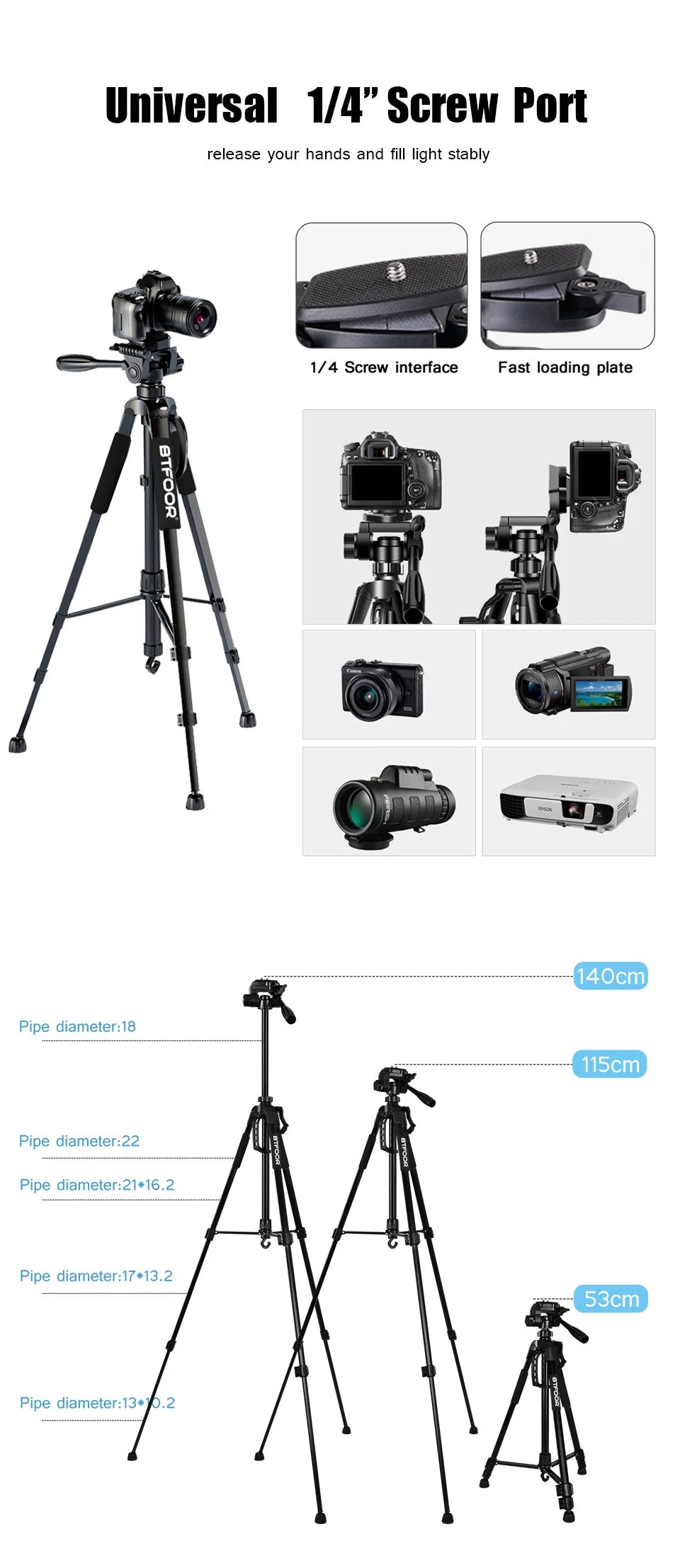 55” Aluminum Tripod Stand – 140cm Camera & Phone Tripod with Pan Head & Quick Release Plate