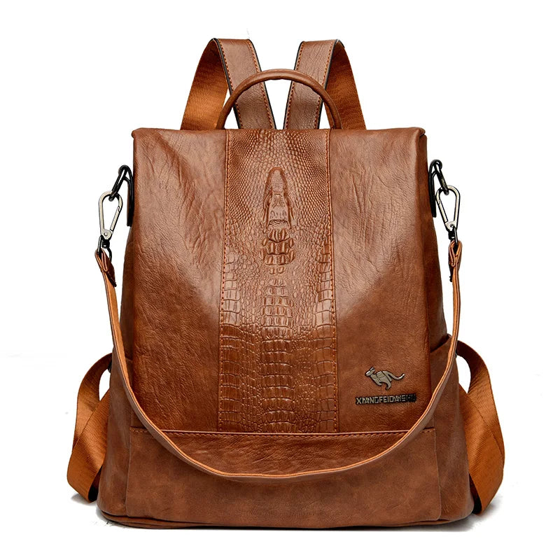Women’s Crocodile Pattern Leather Backpack – Large Capacity Designer School & Travel Bag
