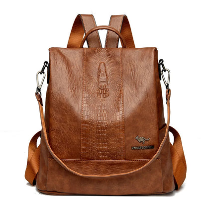 Women’s Crocodile Pattern Leather Backpack – Large Capacity Designer School & Travel Bag
