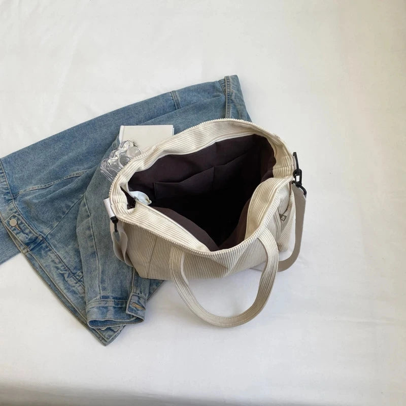 Striped Velvet Women’s Tote Bag – Large Capacity Corduroy Shoulder Handbag
