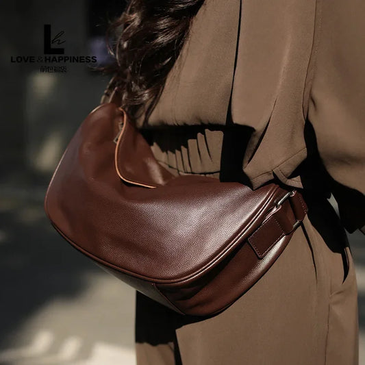 Genuine Leather Crossbody Saddle Bag – Luxury Cowhide Large Capacity Shoulder Handbag