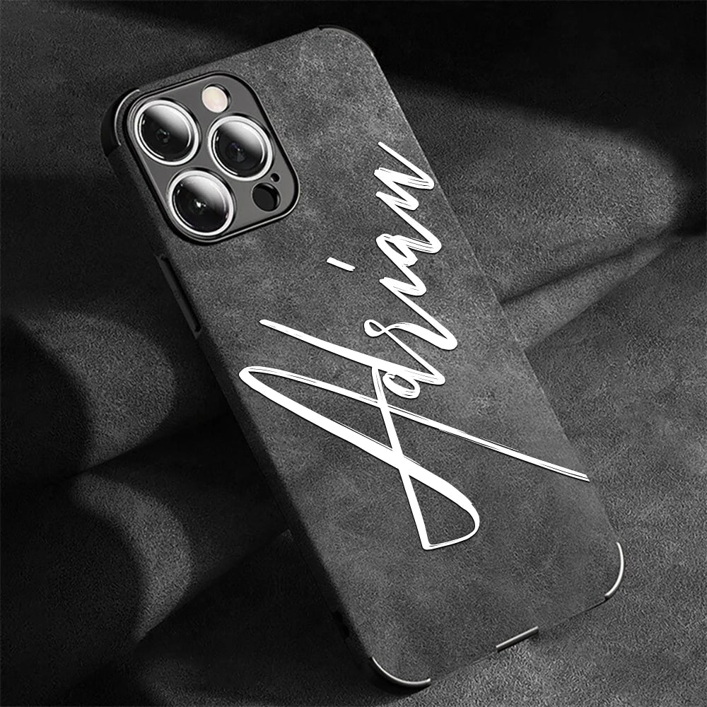 Large Brush Calligraphy Name Customized Phone Case For iPhone 16 15 14 13 12 11 Pro Max Lambskin Faux Leather Shockproof Cover