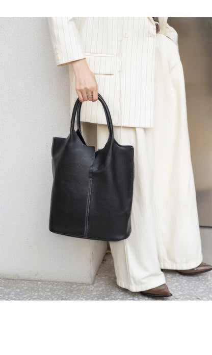 Genuine Leather Bucket Tote Bag – Luxury Cowhide Shoulder Shopper for Women