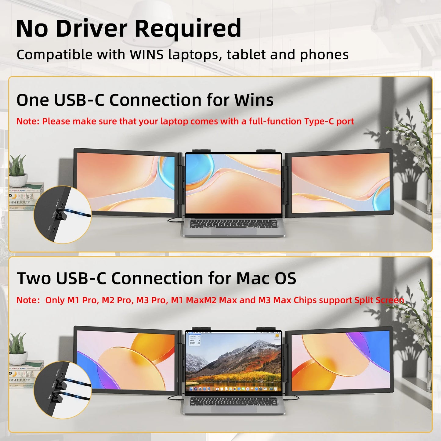 Amoudo 14” Dual Portable Monitor – FHD 1080P IPS Triple Screen for Laptops (USB-C)