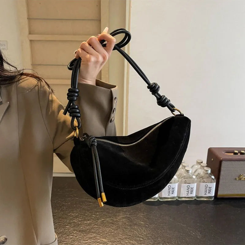 Faux Suede Women’s Shoulder Bag – Trendy Underarm Crossbody Dumpling Style Handbag