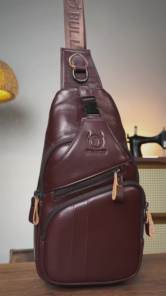 BULLCAPTAIN Genuine Leather Men’s Chest Bag – Large Capacity Casual Crossbody Sling Bag